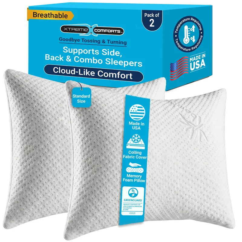 Xtreme Comforts Memory Foam Pillows | GREENGUARD Certified Shredded Foam Fill for Personalized Support | Slim Cooling Pillow For sleeping on Side, Back & Stomach | 2 Pillows Standard Size — image 1