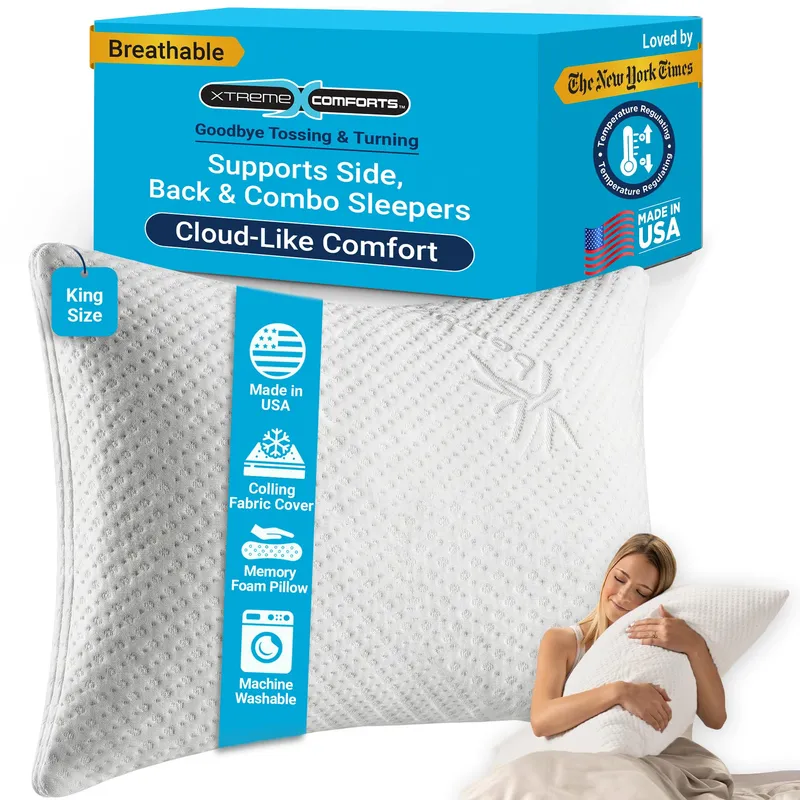 Xtreme Comforts Memory Foam Pillows Made in The USA - King Size, Slim Cooling Pillow for Sleeping on Side, Back & Stomach - Firm and Soft Bed Pillows — image 1