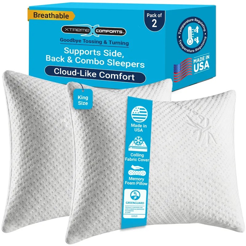 Xtreme Comforts Memory Foam Pillows | GREENGUARD Certified Shredded Foam Fill for Personalized Support | Slim Cooling King Bed Pillows for Side, Back & Stomach Sleepers | Pillows King Size — image 1