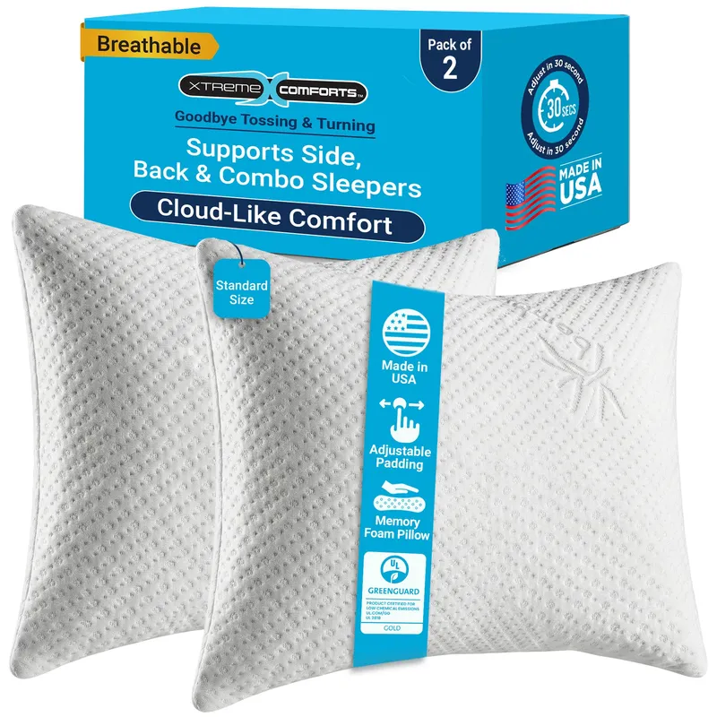 Xtreme Comforts Memory Foam Pillows |GREENGUARD Certified Adjustable Shredded Foam Fill for Personalized Support |Bed Pillows for Side,Back & Stomach Sleepers |Removable Cover |2 Pillows Standard Size — image 1